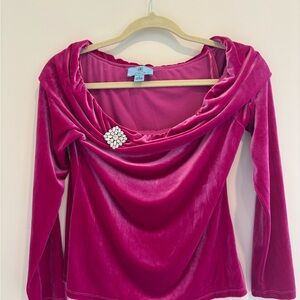 Women's Fuchsia Velvet Draped Top with Brooch